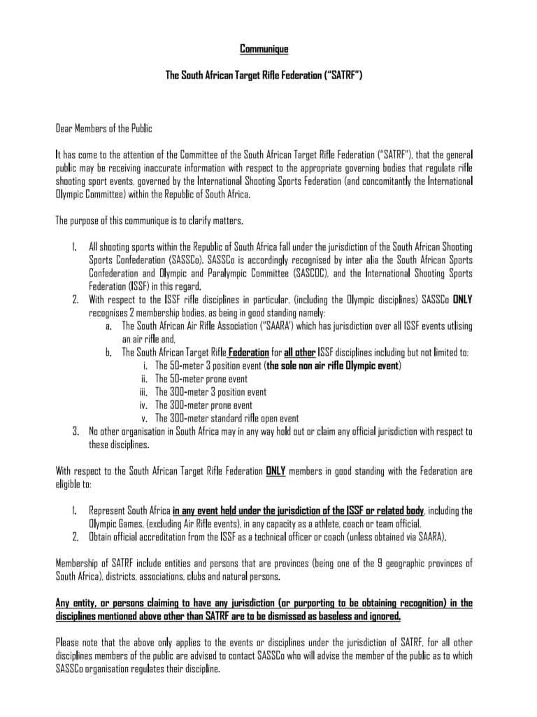 Signed SATRF communiqué page 1 — jurisdiction, recognition and eligibility