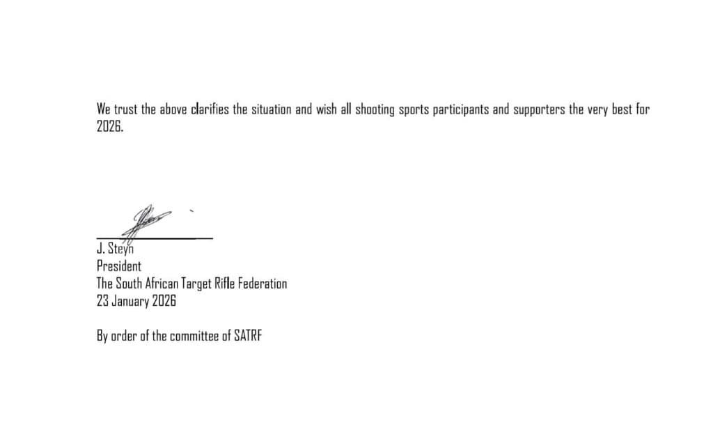 Signed SATRF communiqué page 2 — President J. Steyn signature, 23 January 2026